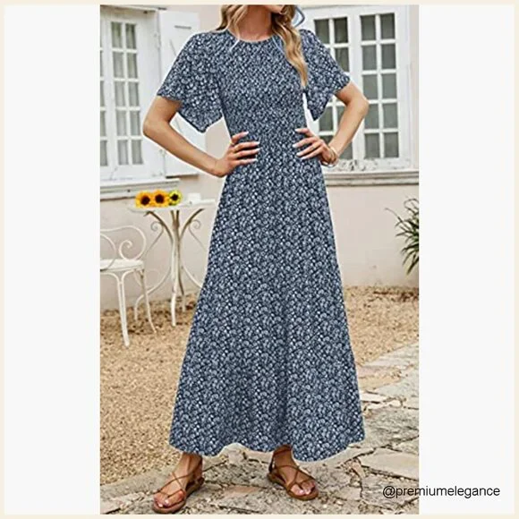 Flutter Sleeve Smocked Maxi Dress Tiered Floral Boho Summer Casual - Picture 5 of 7
